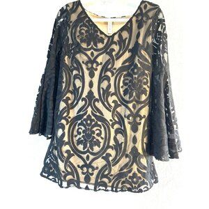 Peppermint USA Top Womens Size S Black/Tan Lined Lace Bell Sleeves Tunic